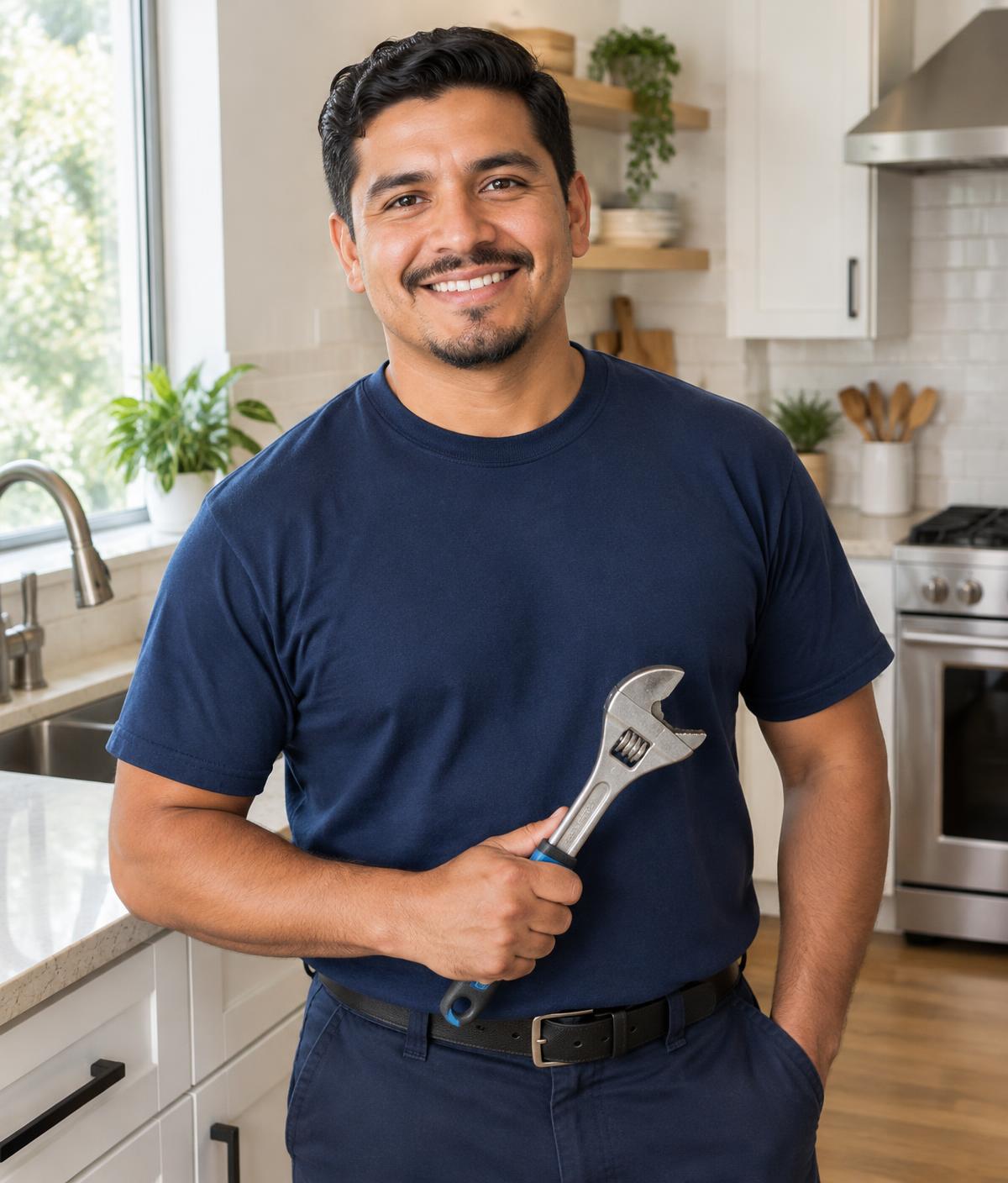 Owner of Rodriguez Plumbing smiling in a customer's kitchen holding a wrench